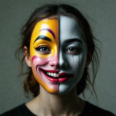 The primary subject of the image is a woman with a painted face, wearing a clown mask and a white mask. She is smiling and appears to be happy. The setting is indoors, with a gray background. The visual style is a combination of photo and digital art, creating a unique and creative image. The colors are predominantly yellow and white, giving the image a cheerful and playful atmosphere.